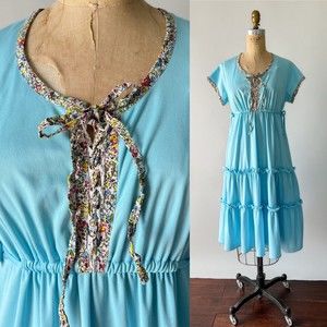 1970s Vtg Blue Poly Floral Trim Prairie Empire Waist Ruffled Tiered Midi Dress S